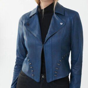 Joseph Ribkoff Studded Vegan Leather Jacket Blue